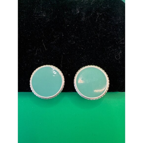 Vintage Silver Tone Clip-On Earrings With Jade-Like Center - Picture 2 of 5